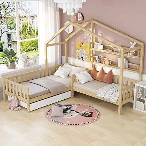 Produktbild: Merax Hausbett mit Schubladen und Regalen, Kinderbett 90x200 cm and 140x70cm, Massivholz Spielbett mit Zaun und Lattenrost, L-Struktur, für 2 Kinder Doppelbett, Natur