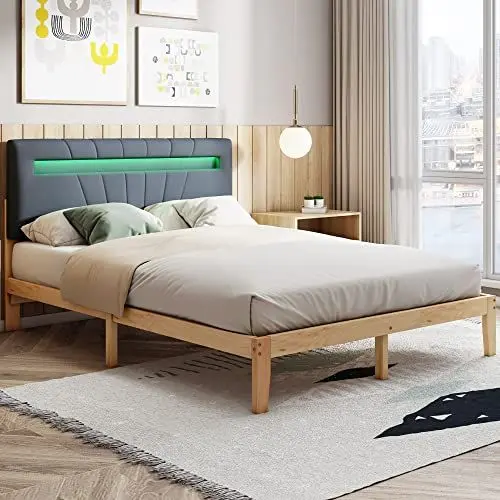 Produktbild: Merax Holzbett 140 x 200 cm, Massivholz Doppelbett mit Polster Kopfteil und LED, Landhausstil Bettgestell, Kinderbett Jugendbett Gästebett, Futonbett Rahmen aus Kiefernholz, Nur Bettgestel, Natur