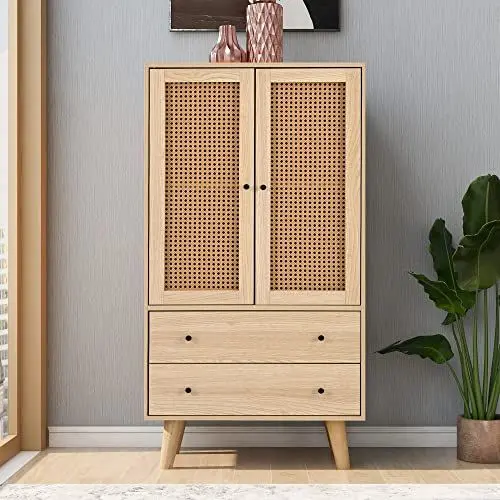 Produktbild: Merax Kommode mit 2 große Schubladen und 2 Türen, Badezimmerschrank aus Holz mit Rattan Türen, Highboard Küchenschrank Bücherschrank, für Schlafzimmer & Wohnräume & Büro, Offwhite, 60 x 40 x 120 cm