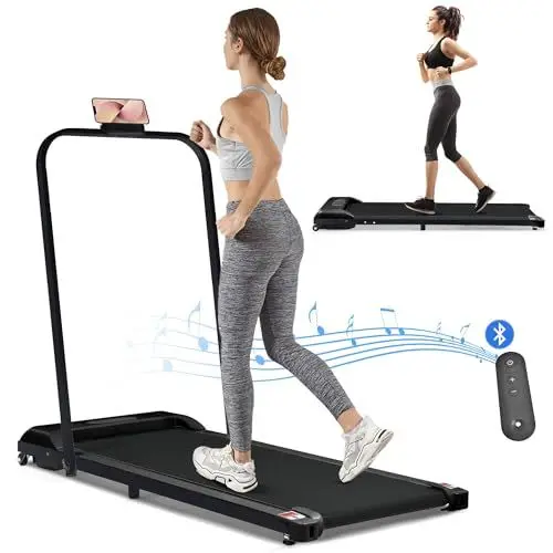 Produktbild: Merax Laufband, Walking Pad Klappbar mit Bluetooth-Lautsprecher und Klappbarer Griifstange, Leise Schreibtisch Laufband mit Fernbedienung und LED-Anzeige, für Zügiges Gehen, Joggen, Schwarz