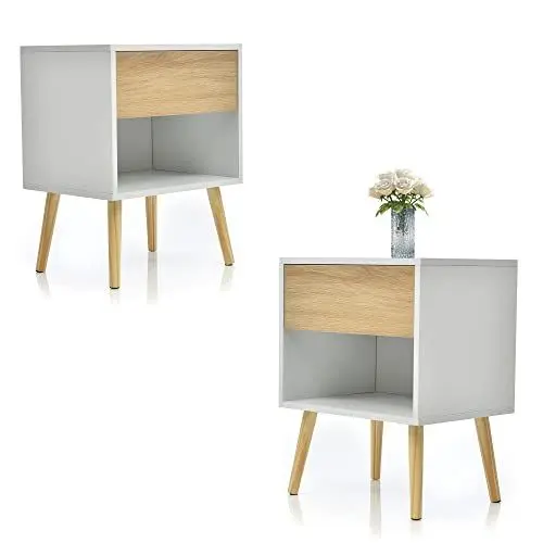 Produktbild: Merax Nachttisch 2er Set, mit 1 Schubladen, Nachtschrank Beistelltisch, Aufbewahrungsschrank, für Schlafzimmer, Wohnzimmer, Moderner Sofatisch, Weiß & Natürlich-2er, 44 x 33 x 56 cm
