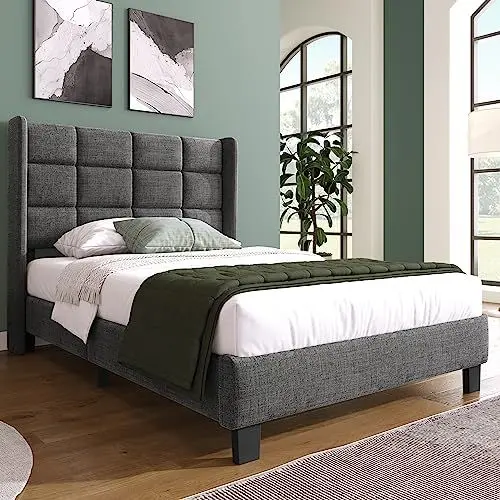 Produktbild: Polsterbett 90x200 mit Lattenrost Rückenlehne，Hautfreundliche Leinenmaterial, Grau, Bett Einzelbett Jugendbett(Ohne Matratze)