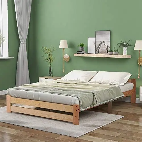 Produktbild: Merax Solide Massivholzbett Futonbett Massivholz Natur Bett aus mit Kopfteil und Lattenrost, Natur (200x140cm)