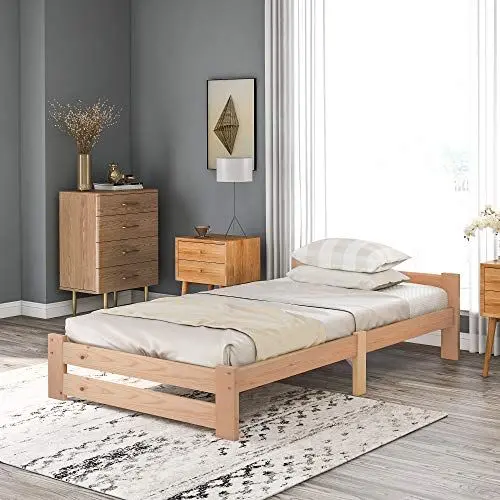 Produktbild: Merax Solide Massivholzbett Futonbett Massivholz Natur Bett aus mit Kopfteil und Lattenrost, Natur (200x90cm)