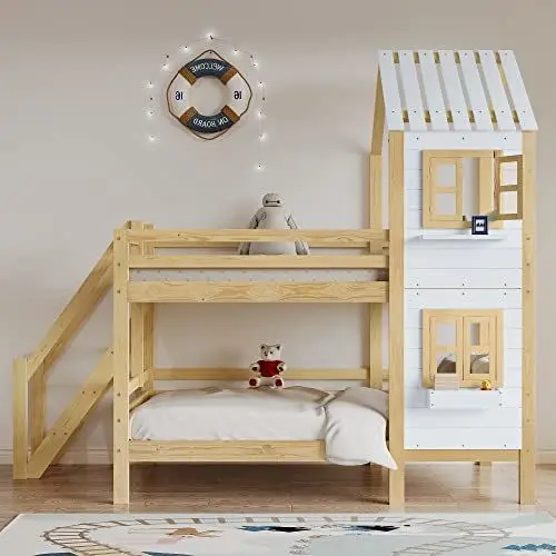 Produktbild: Merax loft Bed 90x200cm, bunk Bed House Bed with Stairs, handrail and Window, cot with Fall Protection, Youth Bed with roof and small Shelf, 2 slatted Frames, for 2 Children, White+Natural
