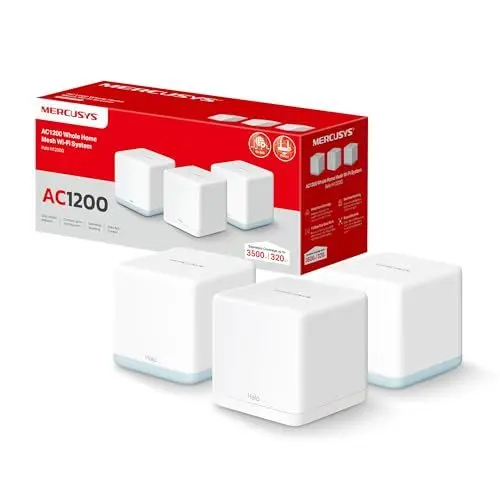 Produktbild: Mercusys Halo H1200G Mesh WLAN Set (3er Pack), AC1200 Dual Band Router & Repeater, 2X Ports für Jede Einheit, empfohlen für Häuser mit 3-5 Schlafzimmern, MERCUSYS App