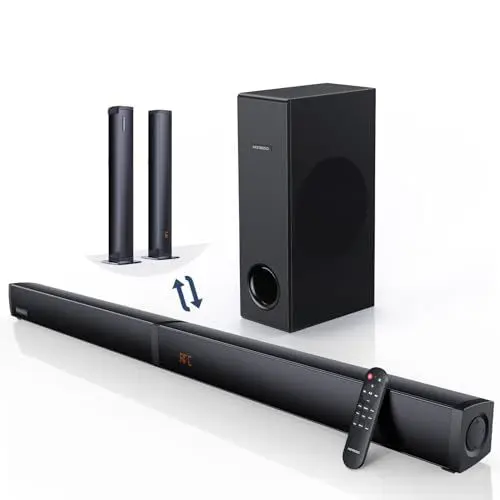 Produktbild: MEREDO 180W Abnehmbare 2-in-1-Soundbar für tv geräte 2.1 Soundbar mit Subwoofer (ARC Kabel) 5 Modi EQ Höhen & Bässe einstellbar Optisch,BT 5.0,AUX,12L tiefer Baß für Heimkino–Schlank/94cm