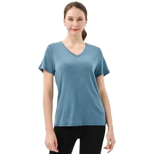 Produktbild: Merino Protect 100% Merino Shirt Damen Kurzarm V-Ausschnitt Geruchsabweisendes T-Shirt Merinowolle Unterwäsche Komfort Merino Wolle Tshirt Unterhemd (Blaugraue Streifen,Mittel)