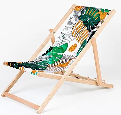 Produktbild: Merino Wool Sun Lounger Liegestuhl Sonnenliege Klappbar, Gartenliege Rückenlehne verstellbar leicht klappbar Garten Balkon Strand Holzklappstühle Naturholz Lounger (Tropical Gold)