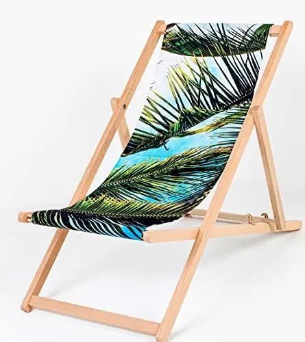 Produktbild: Merino Wool Traditional Line Liegestuhl Sonnenliege Klappbar, Gartenliege Rückenlehne verstellbar leicht klappbar Garten Balkon Strand Holzklappstühle Naturholz Lounger (Palm Leaves)