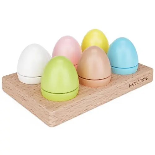 Produktbild: Merle Toys® Holz Eier Spielzeug für Kinder ab 2 Jahren – 6 bunte Eier für Kaufladen, Holzeier Kinderküche Zubehör Holz, Klett in Dotter-Farbe, realistische Größe L, fördert Feinmotorik und Rollenspiel