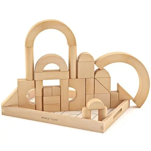 Produktbild: Merle Toys® Premium Holzbausteine Natur, Bauklötze Holz Groß für kreatives Bauen, Große Bausteine Holz, Bausteine ab 2 Jahre, Bauklötze ab 3 Jahre, 100% FSC-zertifizierte Holzbauklötze, 30er Set