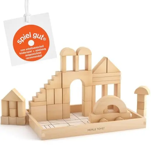 Produktbild: Merle Toys® Premium Holzbausteine Natur, Bauklötze Holz Groß für kreatives Bauen, Große Bausteine Holz, Bausteine ab 2 Jahre, Bauklötze ab 3 Jahre, 100% FSC-zertifizierte Holzbauklötze, 46er Set