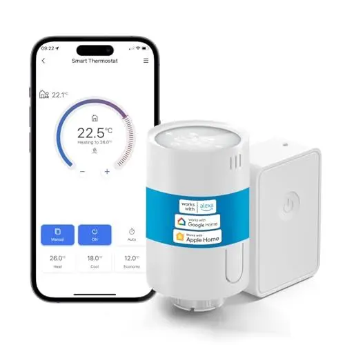 Produktbild: Meross Smart Heizkörperthermostat inklusive Hub, kompatibel mit HomeKit, WLAN Heizungsthermostat Kompatibel mit Siri, Alexa und Google Assistant, Fernsteuerung, M30*1,5mm, 6 Adapter
