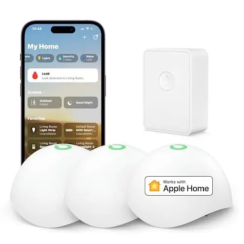 Produktbild: Meross Smart Wassermelder 3St. für HomeKit, Wassersensor mit Hub WLAN Wasseralarm drahtloser Flutdetektor IP67, bis zu 60dB Audio-Alarm für Küche, Badezimmer, Keller