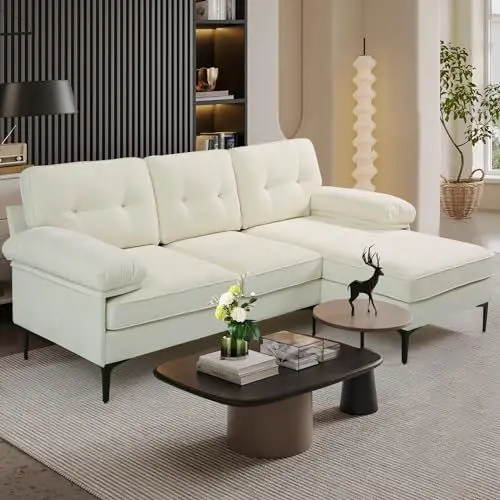 Produktbild: MEROUS Ecksofa - Chenille Sofa Polsterecke Couch in L-Form - Waschbare Kissen - Chaiselongue beidseitig montierbar - 210cm Breit Eckcouch Klein mit 3 Sitzer für Wohnungen/Wohnzimmer - Creme
