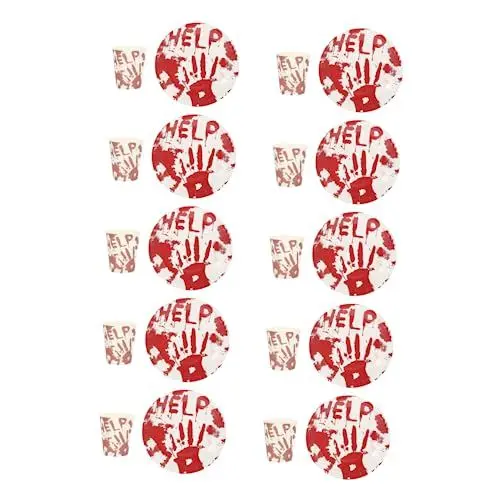 Produktbild: MERRYHAPY 1 Set Handabdruck Teller Becher Halloween Zubehör Partygeschirr Halloween Tassen Lebensmitteldekoration Halloween Party Teller Halloween Party Zubehör Blutige