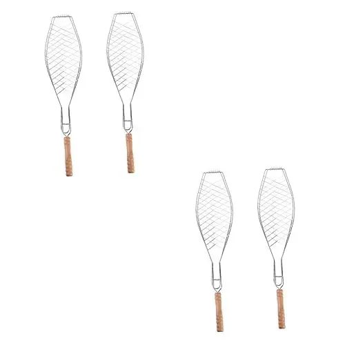Produktbild: MERRYHAPY 4 Stück Grillnetzklemme mit Holzgriff Grillkorb mit Griff Grillzubehör für den Außengrill Gestell Abs fischgrillzange Outdoor Grill Camping zubehör Fischgrillkorb Grillrost hölzern