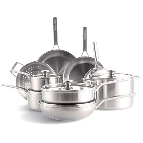Produktbild: Merten & Storck Tri-Ply Edelstahl Kochgeschirr-Set, 14-teilig Topf- und Pfannenset, Spülmaschinengeeignet, backofenfest, induktionsgeeignet, Silber