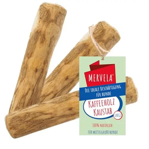 Produktbild: MERVELA® Kaffeeholz für Hunde – Natürliches Kauspielzeug aus nachhaltigem Holz – Langlebiges Hundespielzeug für Zahnpflege und Kauspaß – Ideal für große Hunde (Large, 3 Stück)
