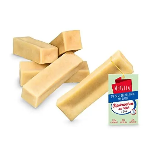 Produktbild: MERVELA® Kaukäse für Hunde | 5 * 170 Gramm | XXL | Käseknochen | Beschäftigung & Belohnung | Käsestangen für Sehr Große Hunde | Harter Yak Käse, Langer Kauspaß