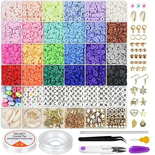 Produktbild: Meschett 6000 Stücke Tonperlen für die Armbandherstellung,24 Farben 6 mm Flache runde Polymer Ton Perlen mit Anhänger Charms Kit Buchstabenperlen und elastischen Schnüren für die Schmuckherstellung