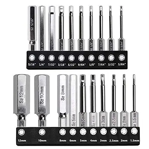 Produktbild: Mesee 20 Stück Sechskant-Schraubendreher Satz, 1/4 Zoll Imperial & Metric Lange Hex Schraubendreher, S2 Legierung Magnetischer Elektrische Schraubendreher Werkzeuge Reparatur Set - 60MM