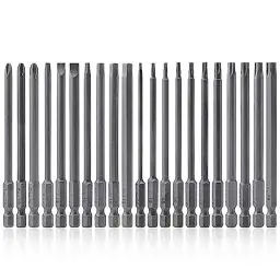 Produktbild: Mesee 21 Stück Magnetische Schraubendreher Bits, 1/4 Zoll Sechskantschaft Lang Schraubendreher Werkzeuge, Torx -Kopf + Sechskantkopf + Kreuzkopf und Flachem Kopf Schraubendreher Bit Set, 100 MM