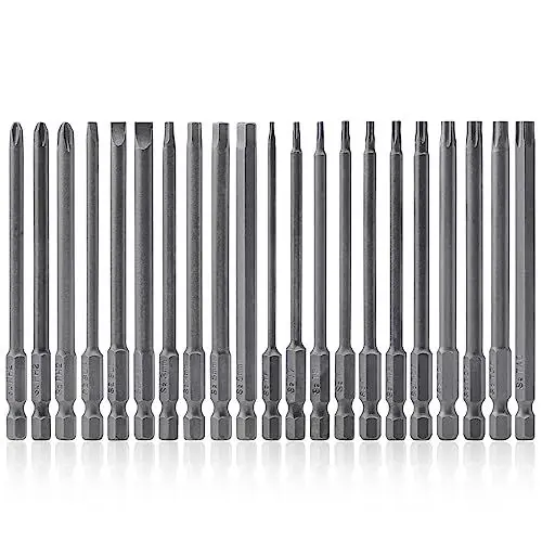 Produktbild: Mesee 21 Stück Magnetische Schraubendreher Bits, 1/4 Zoll Sechskantschaft Lang Schraubendreher Werkzeuge, Torx -Kopf + Sechskantkopf + Kreuzkopf und Flachem Kopf Schraubendreher Bit Set, 100 MM
