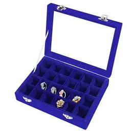 Produktbild: Meshela Aufbewahrungsbox Schmuck, aus Samt, mit Glasdeckel, Jewelry Organizer Schmuckkasten 24 Fächer – Schmuckaufbewahrung Stapelbar Schmuckschatulle Schubladen Verstellbar für Ringe，Blau