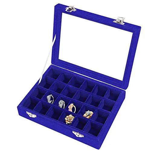 Produktbild: Meshela Aufbewahrungsbox Schmuck, aus Samt, mit Glasdeckel, Jewelry Organizer Schmuckkasten 24 Fächer – Schmuckaufbewahrung Stapelbar Schmuckschatulle Schubladen Verstellbar für Ringe，Blau