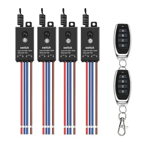 Produktbild: Meskliu 4way Fernbedienung Schalter,AC 220V/230V/240V Mini Funkschalter mit Fernbedienung, 10A Funk Relais Wandschalter mit 328ft Long Range für Haushaltsgeräte, Deckenleuchten,Wasserpumpe