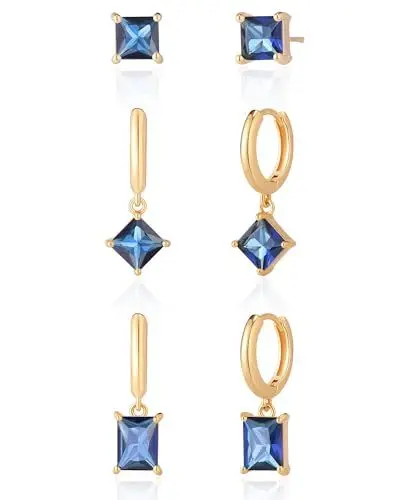 Produktbild: MESOVOR 3 Paar Kristall Goldene Ohrringe Damen Hängend, 18 Karat Vergoldete Kleines Ohrringe Set | Creolen Gold, Ohrstecker und Tropfen Ohrringe für Mädchen (Blau)