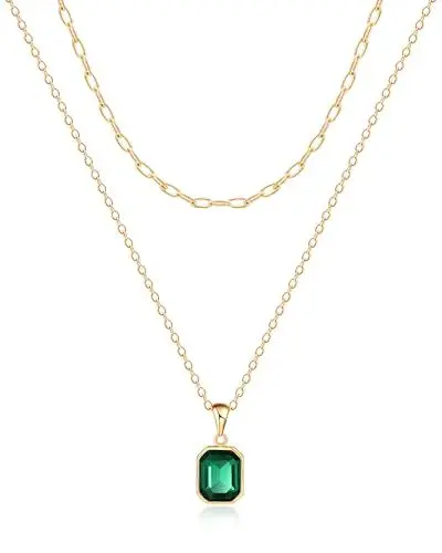 Produktbild: Mesovor Gold Kristall Halsketten für Damen im Trend, 18K Vergoldete Büroklammer Kette | Geburtsstein-Halskette, Schmuckgeschenke (Grün)