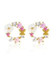 Produktbild: Mesovor Gold Ohrstecker Ohrringe Damen, 18 Karat Vergoldet Mädchen Ohrringe mit Hübscher Schmetterling Bunte Blumen Perle für Partei, Hochzeiten (Gold-Runde)