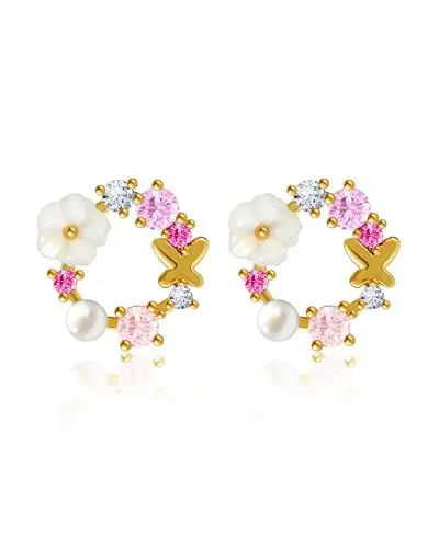 Produktbild: Mesovor Gold Ohrstecker Ohrringe Damen, 18 Karat Vergoldet Mädchen Ohrringe mit Hübscher Schmetterling Bunte Blumen Perle für Partei, Hochzeiten (Gold-Runde)