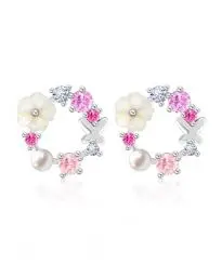 Produktbild: Mesovor Gold Ohrstecker Ohrringe Damen, 18 Karat Vergoldet Mädchen Ohrringe mit Hübscher Schmetterling Bunte Blumen Perle für Partei, Hochzeiten (Silber-Runde)