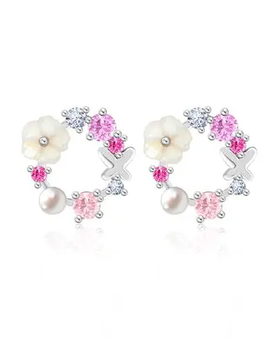 Produktbild: Mesovor Gold Ohrstecker Ohrringe Damen, 18 Karat Vergoldet Mädchen Ohrringe mit Hübscher Schmetterling Bunte Blumen Perle für Partei, Hochzeiten (Silber-Runde)