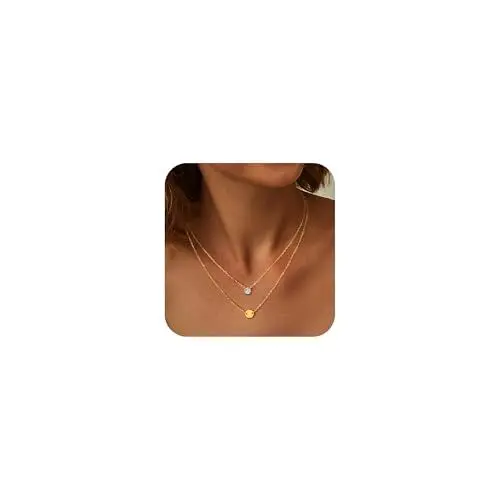 Produktbild: Mesovor Gold Schichtige Halsketten für Damen, 18 Karat Vergoldete Halskette mit Scheiben Anhänger | Münze Diamant Ketten Schmuck Geschenke (Zirkon)