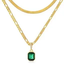 Produktbild: Mesovor Goldene Geschichtet Ketten Halsketten mit Anhänger Kristall, 18 Karat Vergoldete Figaro und Schlangenkette Halsband Halskette für Frauen Mädchen Schmuck Geschenke (Grün)