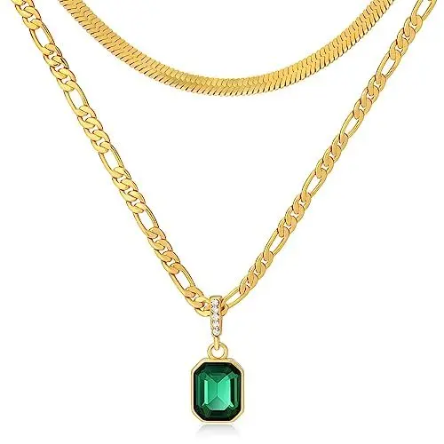 Produktbild: Mesovor Goldene Geschichtet Ketten Halsketten mit Anhänger Kristall, 18 Karat Vergoldete Figaro und Schlangenkette Halsband Halskette für Frauen Mädchen Schmuck Geschenke (Grün)