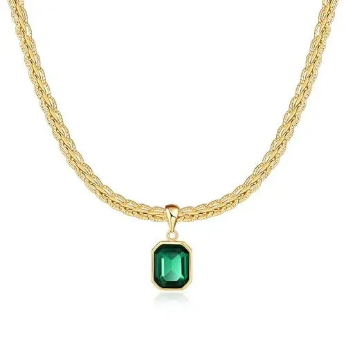Produktbild: Mesovor Klobige Gold Kristall Kette für Damen Trendig, 18 Karat Vergoldete Statement-Kielkette | Geburtsstein-Halskette, Schmuck Geschenke (Quadrat-Grün)