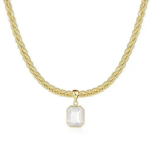 Produktbild: Mesovor Klobige Gold Kristall Kette für Damen Trendig, 18 Karat Vergoldete Statement-Kielkette | Geburtsstein-Halskette, Schmuck Geschenke (Quadrat-Weiß)