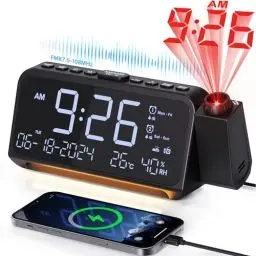 Produktbild: Mesqool Radiowecker mit 320° Projektor, Digitaluhr für Schlafzimmer, USB/Type-C-Anschluss, Doppelalarm mit Wochenend/Wochentagsmodus, Snooze, Dimmer, Batterie-Backup, Projektionswecker, Nachtlicht