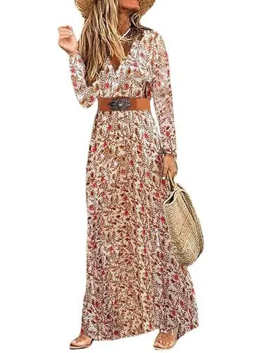 Produktbild: MessBebe Damen Boho Blumendruck Maxi Kleid V-Ausschnitt Kurzarm High Taille Sommerkleid mit Gürtel