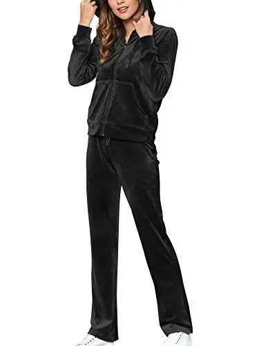 Produktbild: MessBebe Hausanzug Damen Trainingsanzug Set Jogginganzug Velour Sportanzug Anzug 2 Teilig Freizeitanzug Oberteil Hose Kapuzenjacke Langarm Zipper Lange Sporthose alle Jahreszeiten Schwarz L