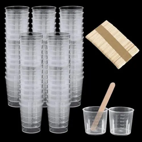 Produktbild: Messbecher Klein 30ml Kunststoff 50 Stk Mini Mischbecher ml Kleiner Messbecher Farbmischbecher mit 50 Stk Holzstäbchen für Mischen Farben Epoxiden
