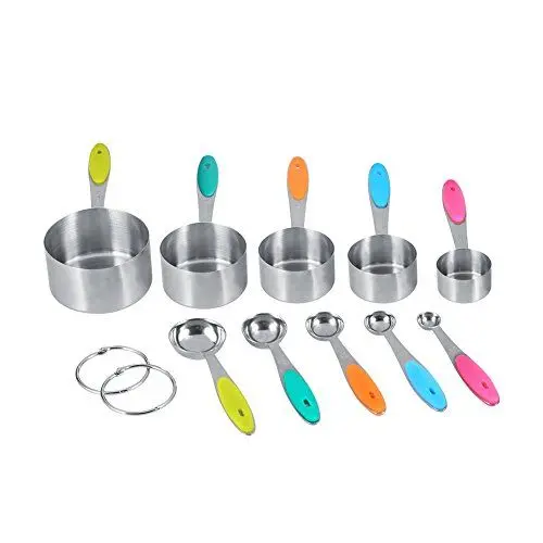 Produktbild: Messbecher und Löffel Set, Edelstahl 10 Stück, Hochwertige Silikon Griffe, Genaue Messung, Leicht zu Reinigen, Stapelbares Design, Halten Sie Ihre Küche Ordentlich und Ordentlich