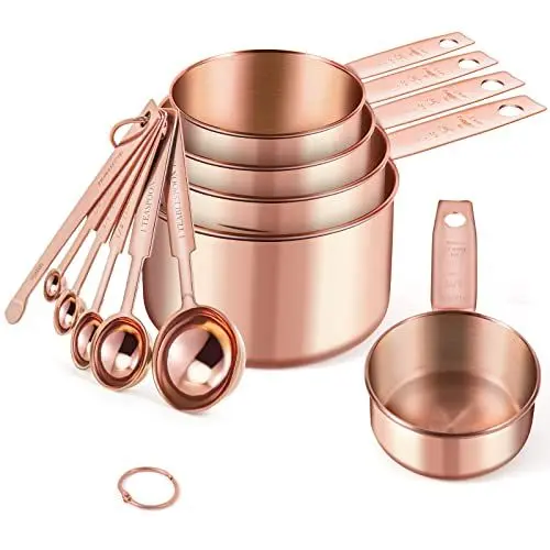 Produktbild: Messbecher und Löffel mit Meßlineal Edelstahl, with 2 D-Ringen and Messumrechnungstabelle, Yizish 12 Stück Messset Für Küche Kochen Backen Messung Roségold