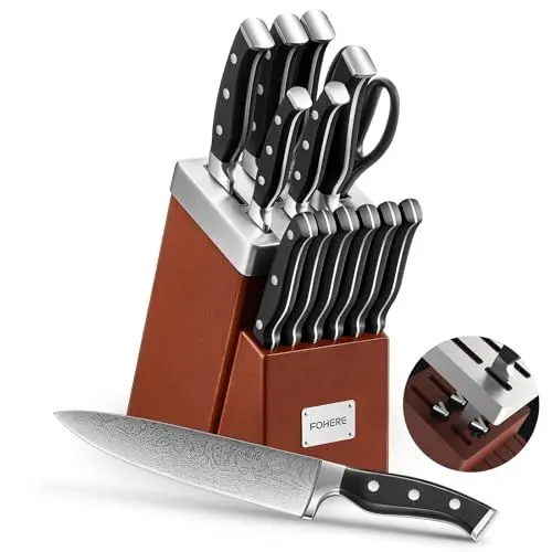 Produktbild: FOHERE Messerblock, Selbstschärfender Messerblock, 14-teilige, Edelstahl Messerset mit Block, Profi Küchenmesser Set mit Ergonomischem Griff, Rotbraun